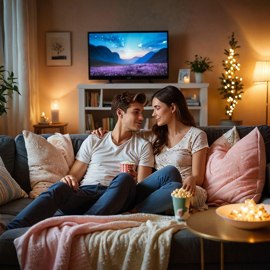 A cozy living room setup with a plush sofa, blankets, and a glowing TV screen displaying romantic scenes from iconic love stories. Include popcorn and fairy lights for a warm ambiance, alongside a couple cuddling together, engrossed in their movie night. Soft pastel colors fill the space to evoke a dreamy, romantic atmosphere. super-realistic. vibrant colors. warm lighting.