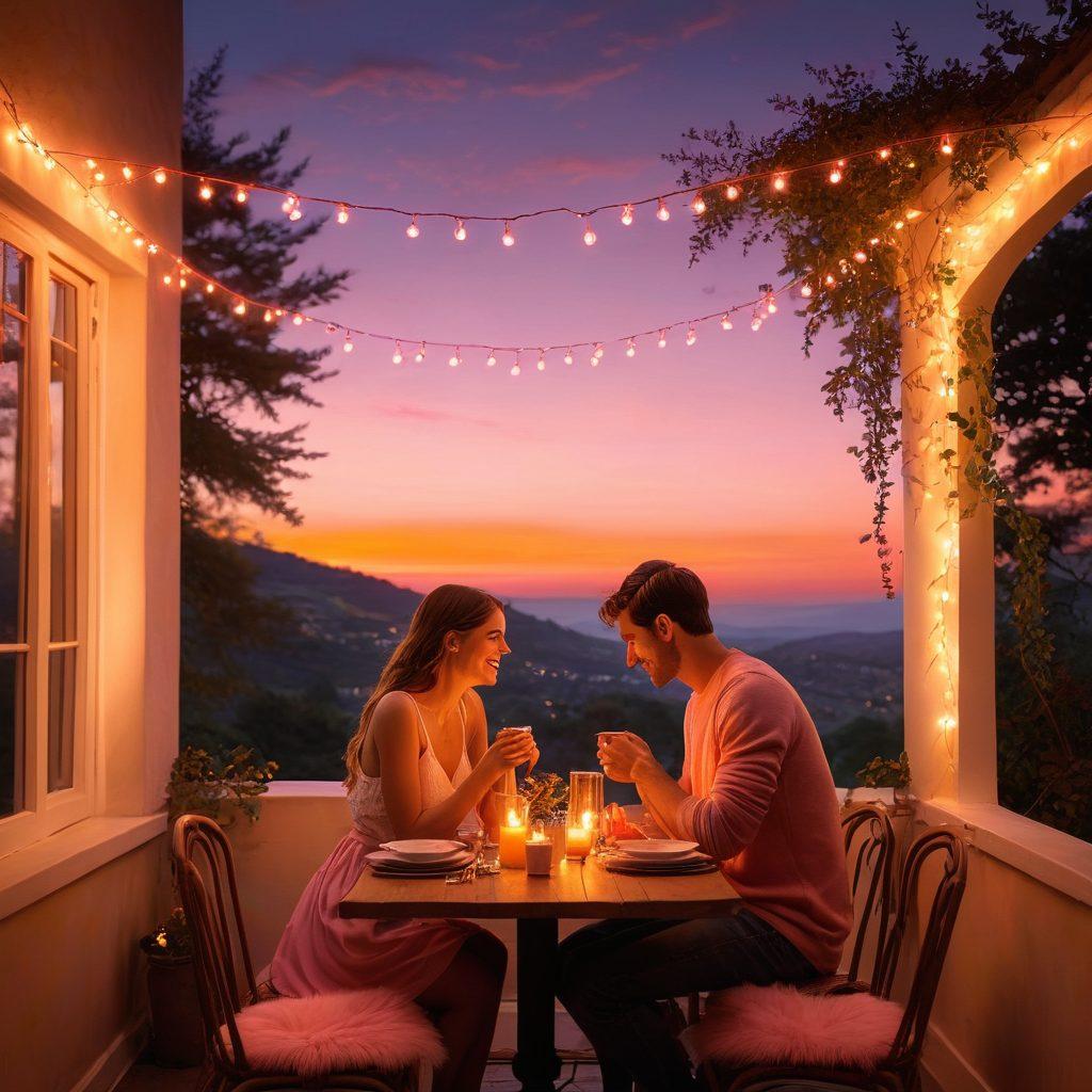 A cozy, candlelit scene featuring a couple sharing a romantic dinner, twinkling fairy lights overhead, and soft, warm colors illuminating their joyful expressions. In the background, a picturesque sunset paints the sky in shades of pink and orange, while a heart-shaped silhouette subtly forms from the shadows. Elements of love, passion, and warmth are woven throughout the image for a heartfelt ambiance. super-realistic. vibrant colors. soft focus.